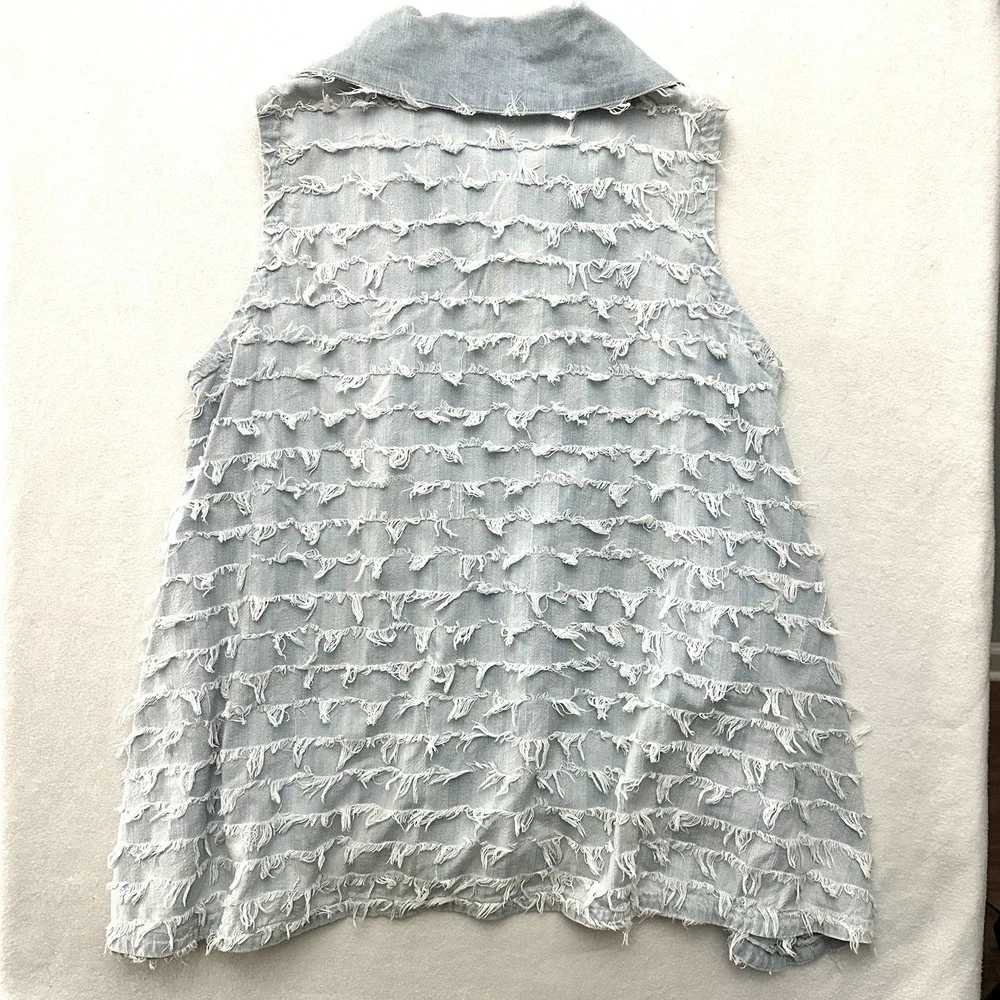 For Cynthia Medium M Denim Fringe Zip Front Vest Eyelash Shag Boho Western Funky